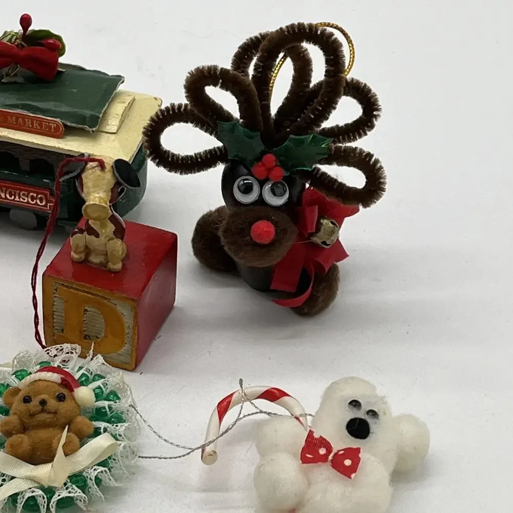 Vintage Lot Of 16 Christmas Ornaments Wooden Flocked Assorted MCM Nutcracker